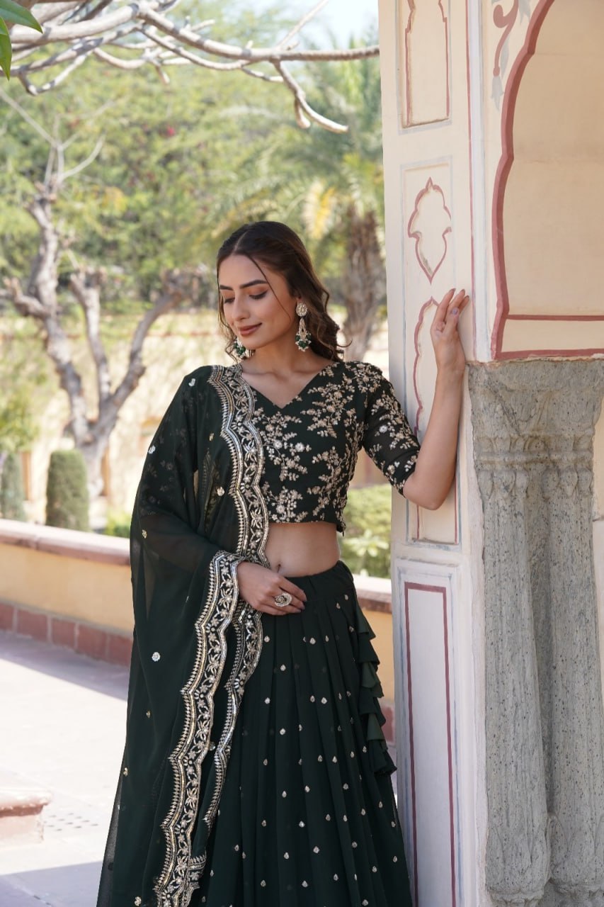 Lorenvalley Green Faux Blooming Georgette with Sequins Embroidered work Lehenga Choli | Swadesiicart