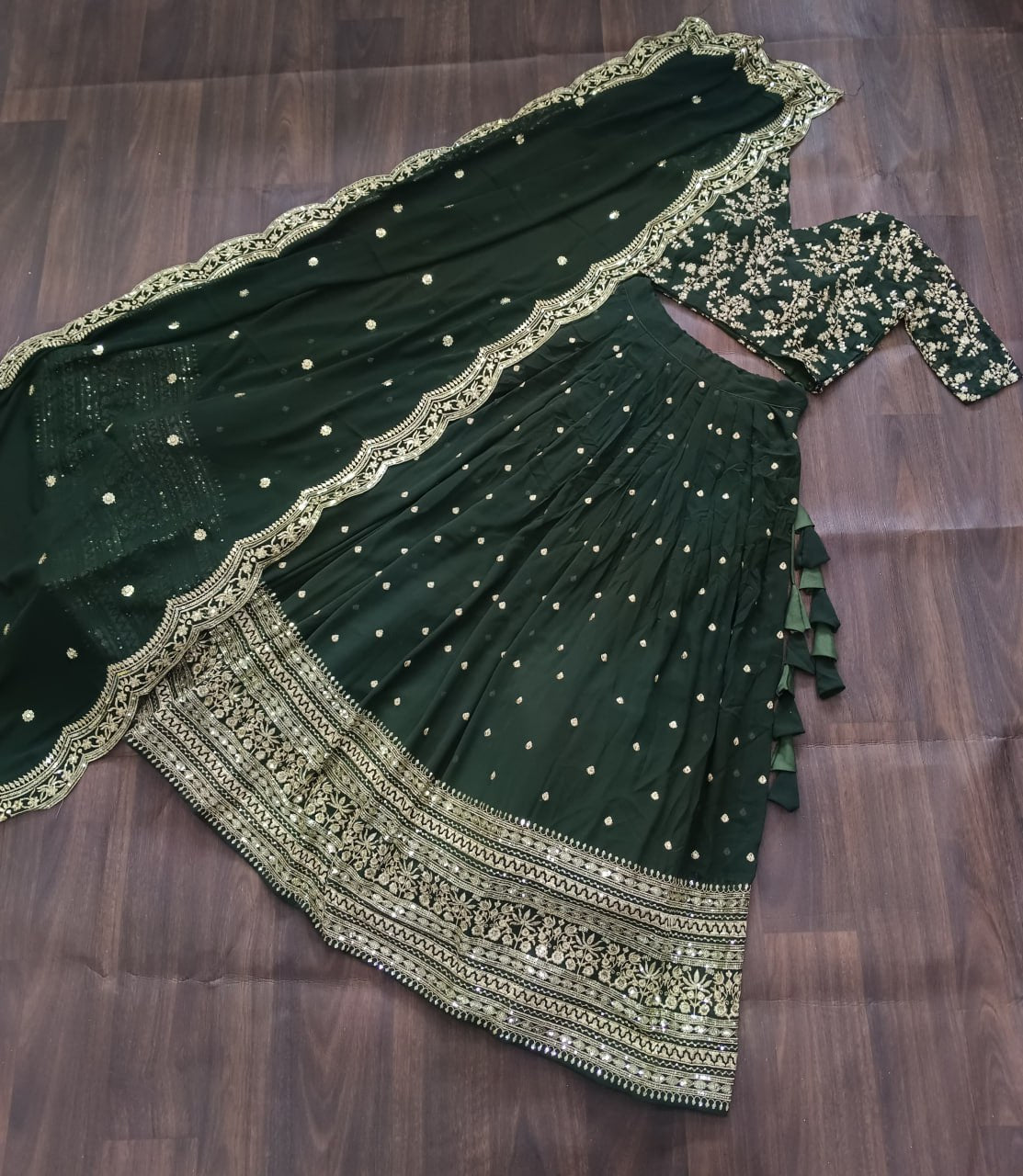 Lorenvalley Green Faux Blooming Georgette with Sequins Embroidered work Lehenga Choli | Swadesiicart