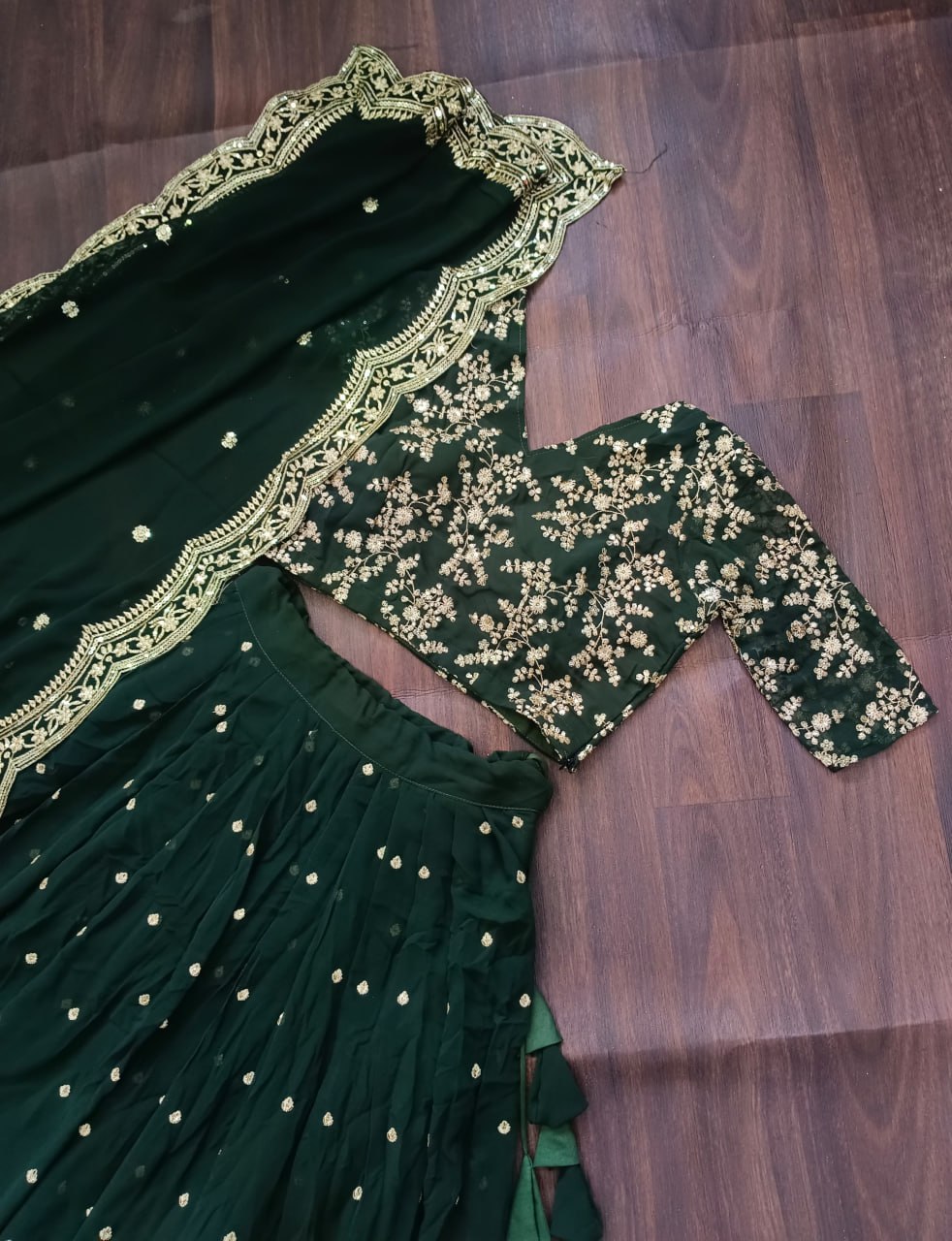 Lorenvalley Green Faux Blooming Georgette with Sequins Embroidered work Lehenga Choli | Swadesiicart