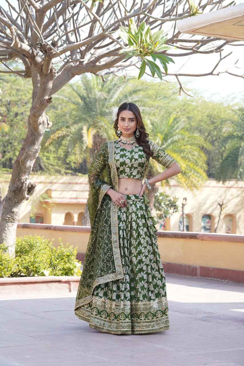 Lorenvalley Green Pure Viscose Jacquard with Embroidered Sequins work Lehenga Choli | Swadesiicart