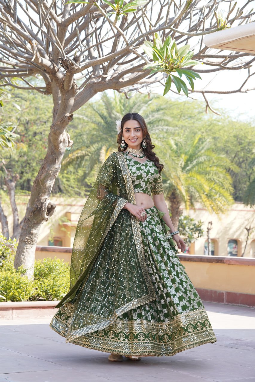 Lorenvalley Green Pure Viscose Jacquard with Embroidered Sequins work Lehenga Choli | Swadesiicart