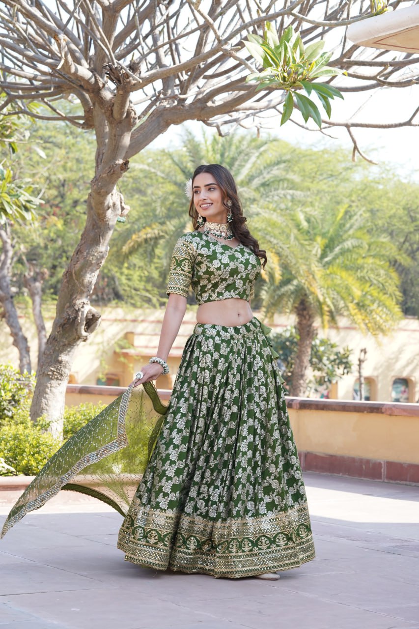Lorenvalley Green Pure Viscose Jacquard with Embroidered Sequins work Lehenga Choli | Swadesiicart