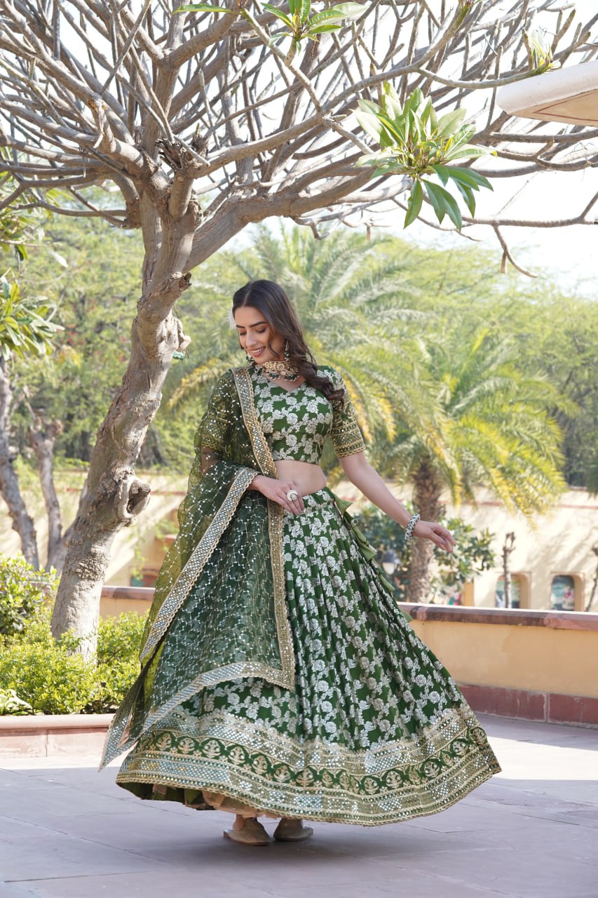 Lorenvalley Green Pure Viscose Jacquard with Embroidered Sequins work Lehenga Choli | Swadesiicart