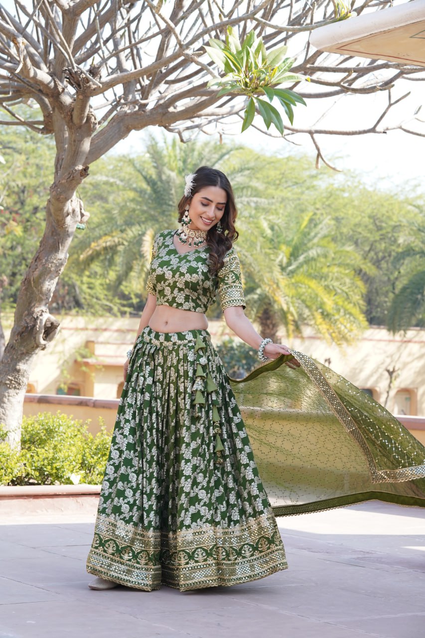 Lorenvalley Green Pure Viscose Jacquard with Embroidered Sequins work Lehenga Choli | Swadesiicart