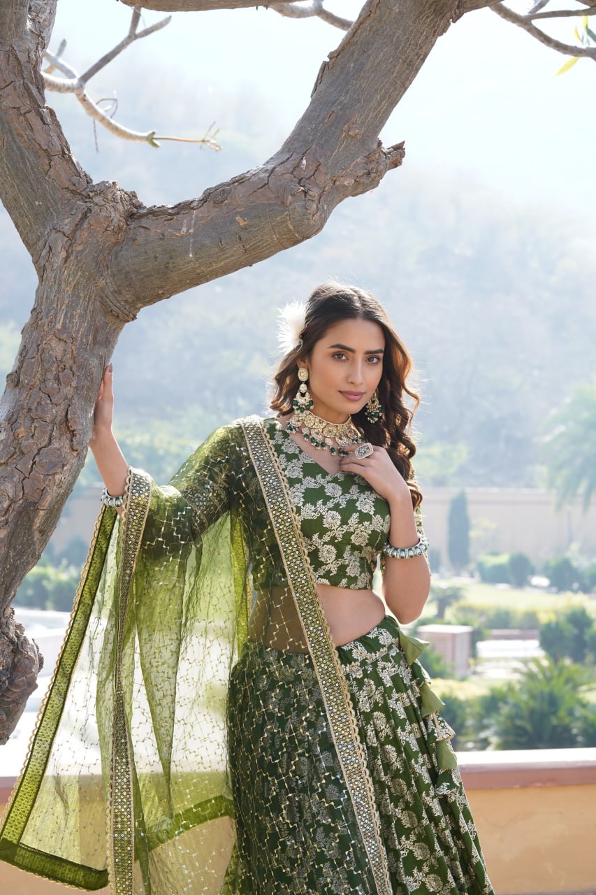 Lorenvalley Green Pure Viscose Jacquard with Embroidered Sequins work Lehenga Choli | Swadesiicart