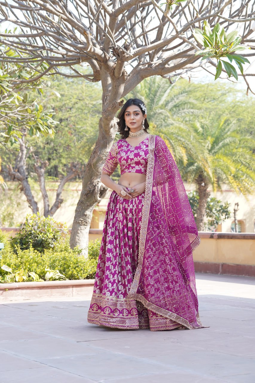 Lorenvalley Magenta Pure Viscose Jacquard with Embroidered Sequins work Lehenga Choli | Swadesiicart
