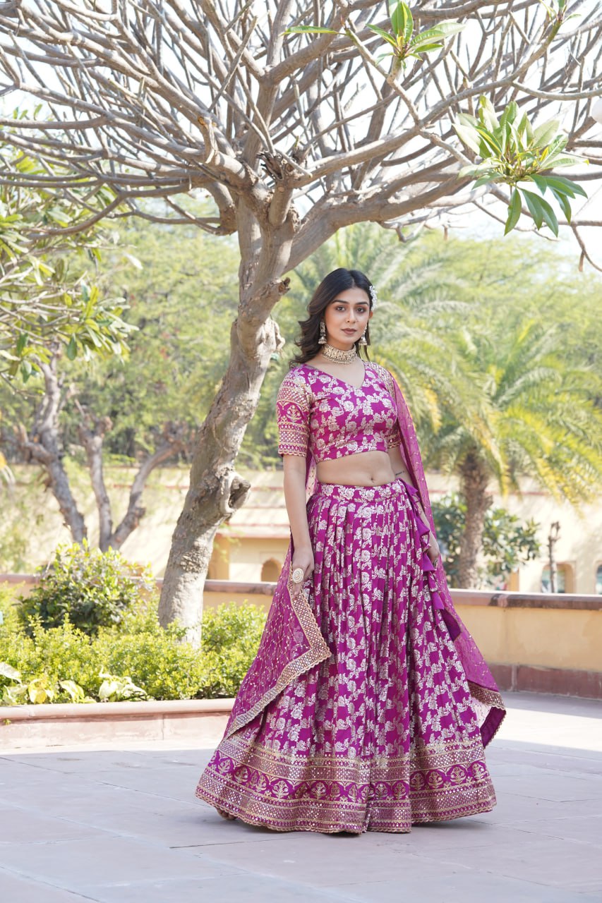 Lorenvalley Magenta Pure Viscose Jacquard with Embroidered Sequins work Lehenga Choli | Swadesiicart