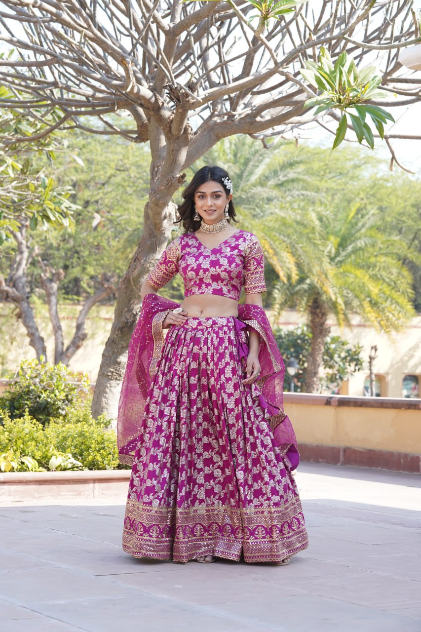 Lorenvalley Magenta Pure Viscose Jacquard with Embroidered Sequins work Lehenga Choli | Swadesiicart