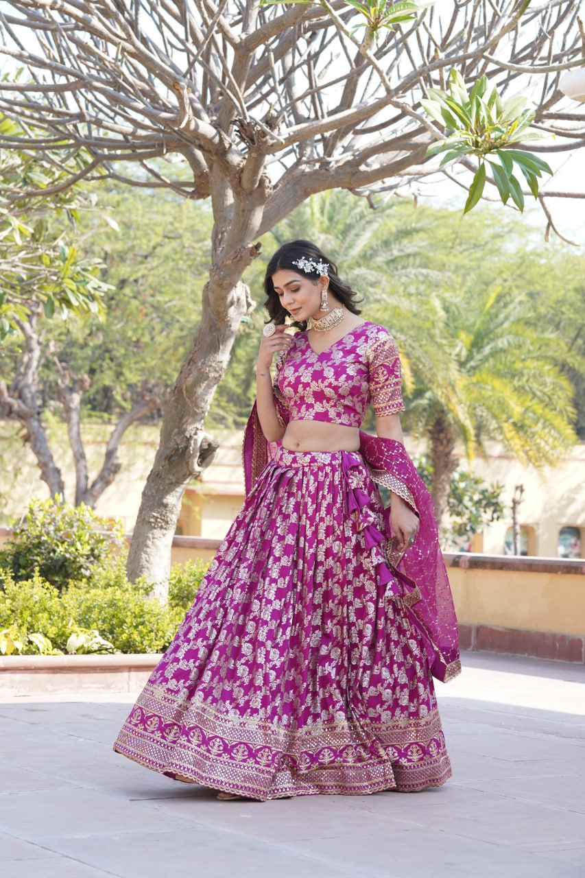 Lorenvalley Magenta Pure Viscose Jacquard with Embroidered Sequins work Lehenga Choli | Swadesiicart