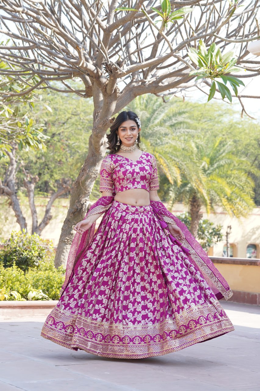 Lorenvalley Magenta Pure Viscose Jacquard with Embroidered Sequins work Lehenga Choli | Swadesiicart