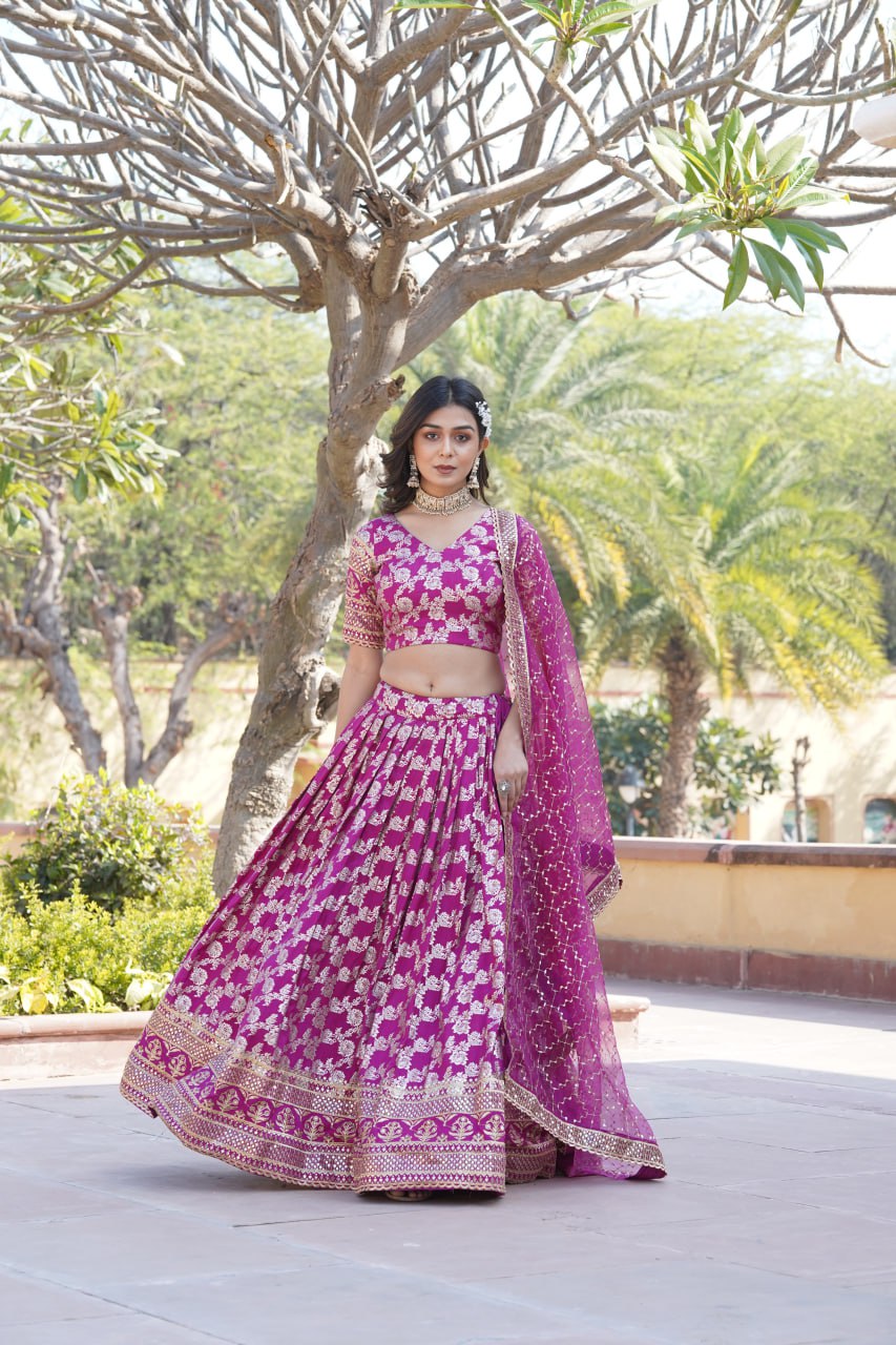 Lorenvalley Magenta Pure Viscose Jacquard with Embroidered Sequins work Lehenga Choli | Swadesiicart