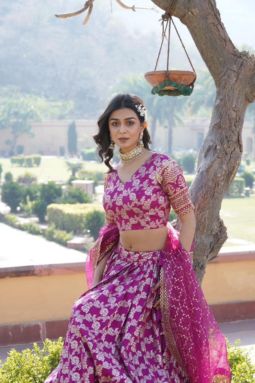 Lorenvalley Magenta Pure Viscose Jacquard with Embroidered Sequins work Lehenga Choli | Swadesiicart