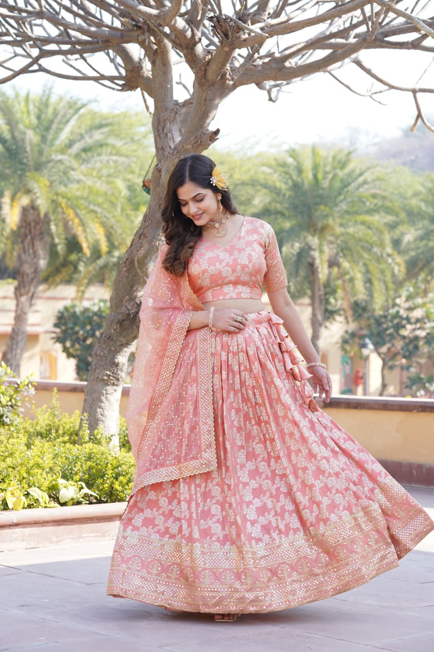 Lorenvalley Peach Pure Viscose Jacquard with Embroidered Sequins work Lehenga Choli | Swadesiicart