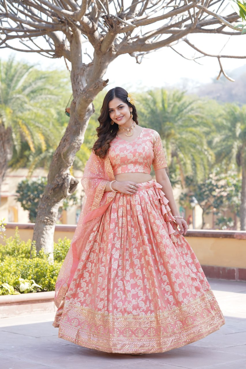 Lorenvalley Peach Pure Viscose Jacquard with Embroidered Sequins work Lehenga Choli | Swadesiicart