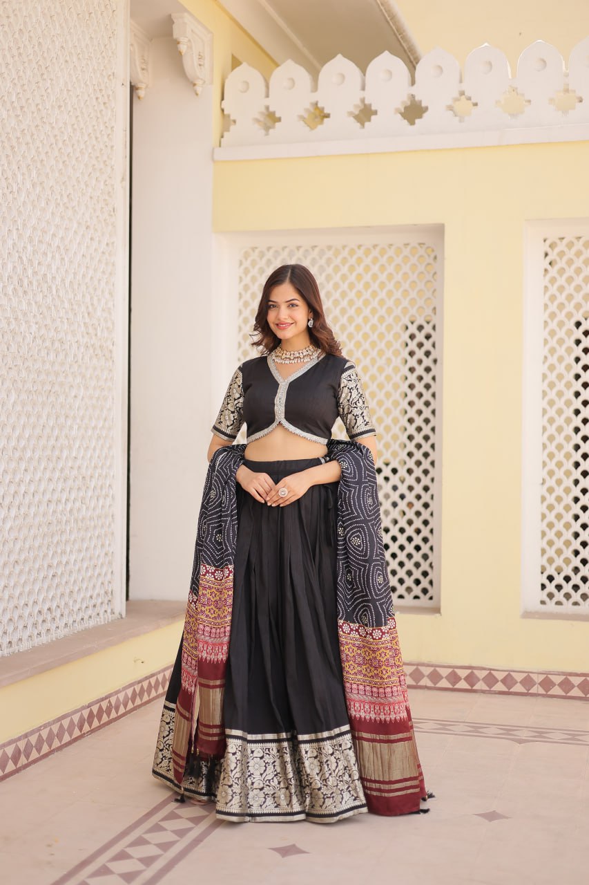 Lorenvalley Black Viscose Jacquard Lehenga Choli with Gajji silk Dupatta | Swadesiicart