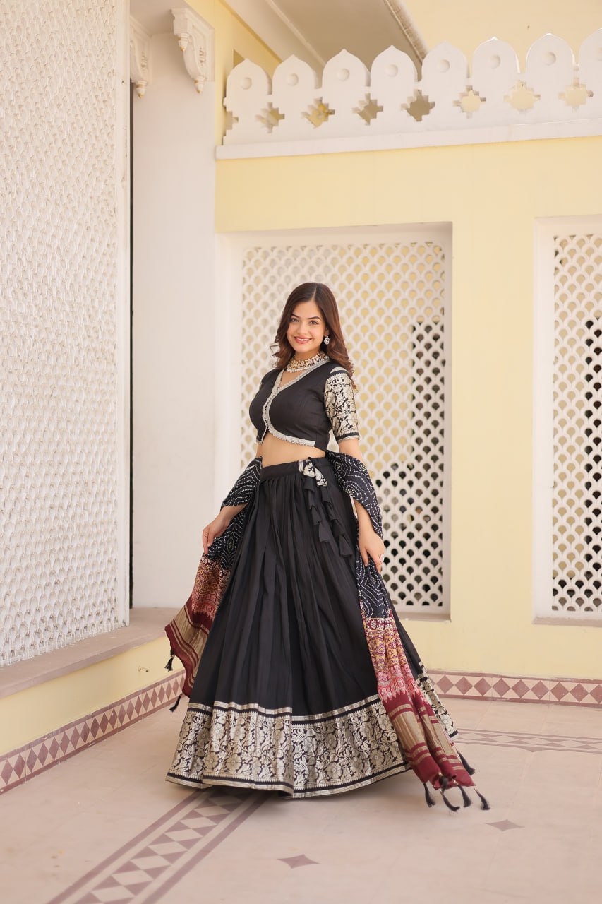 Lorenvalley Black Viscose Jacquard Lehenga Choli with Gajji silk Dupatta | Swadesiicart