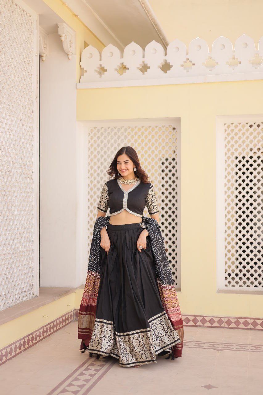 Lorenvalley Black Viscose Jacquard Lehenga Choli with Gajji silk Dupatta | Swadesiicart