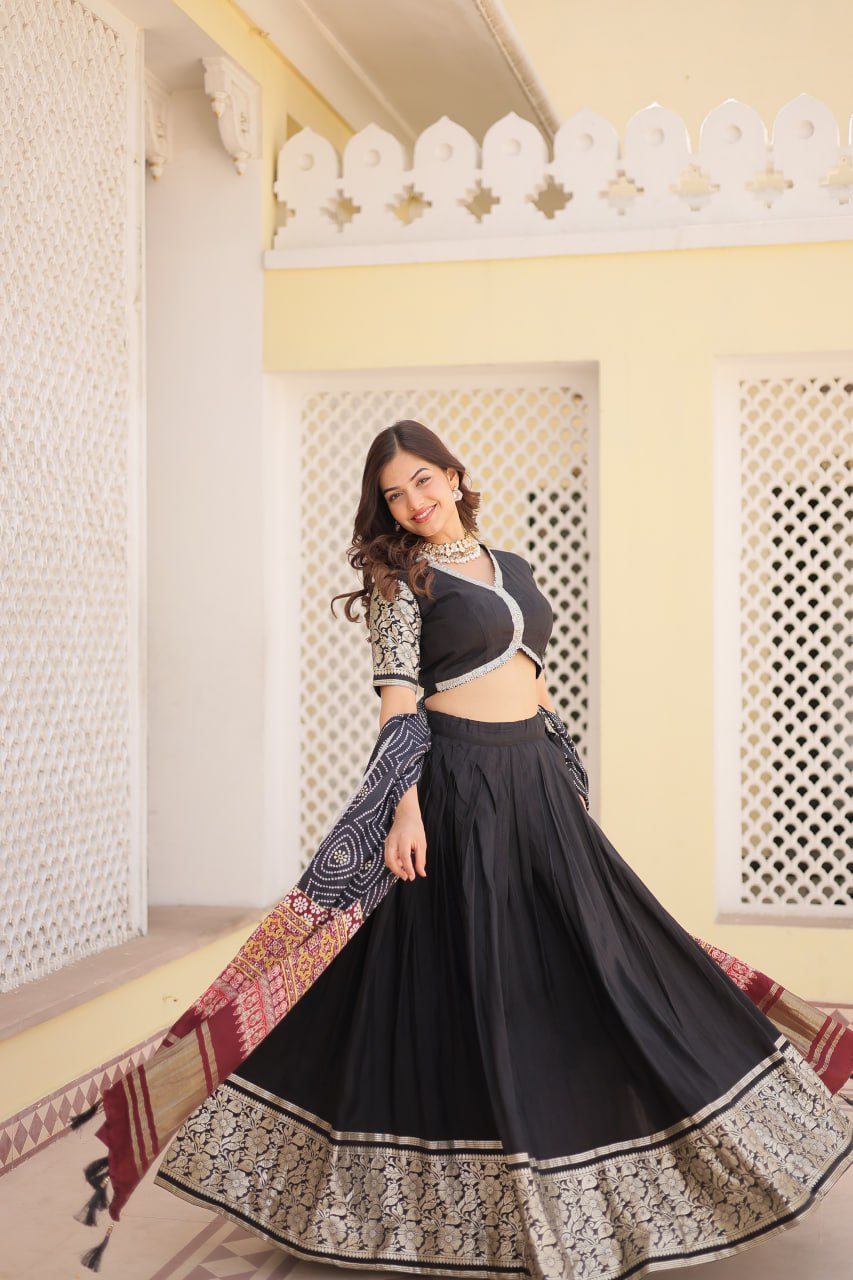 Lorenvalley Black Viscose Jacquard Lehenga Choli with Gajji silk Dupatta | Swadesiicart