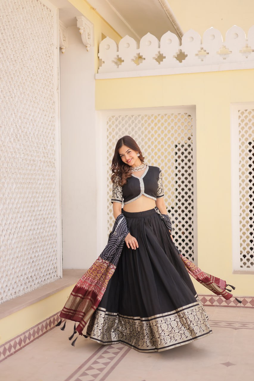 Lorenvalley Black Viscose Jacquard Lehenga Choli with Gajji silk Dupatta | Swadesiicart