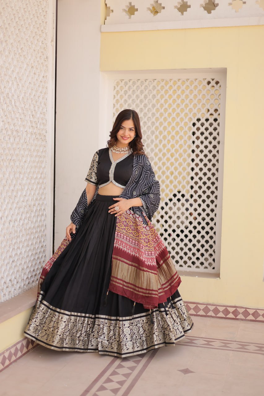 Lorenvalley Black Viscose Jacquard Lehenga Choli with Gajji silk Dupatta | Swadesiicart