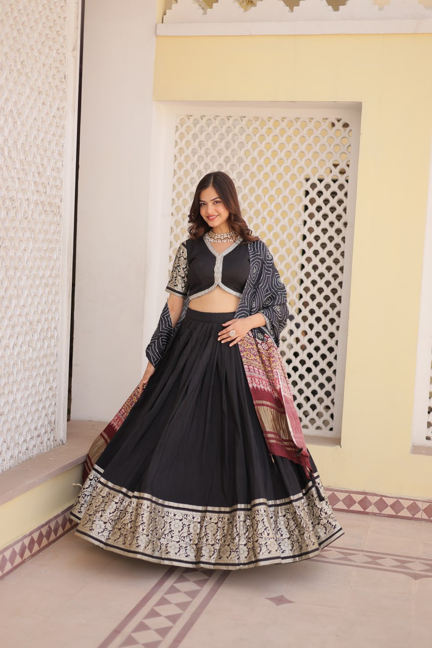 Lorenvalley Black Viscose Jacquard Lehenga Choli with Gajji silk Dupatta | Swadesiicart