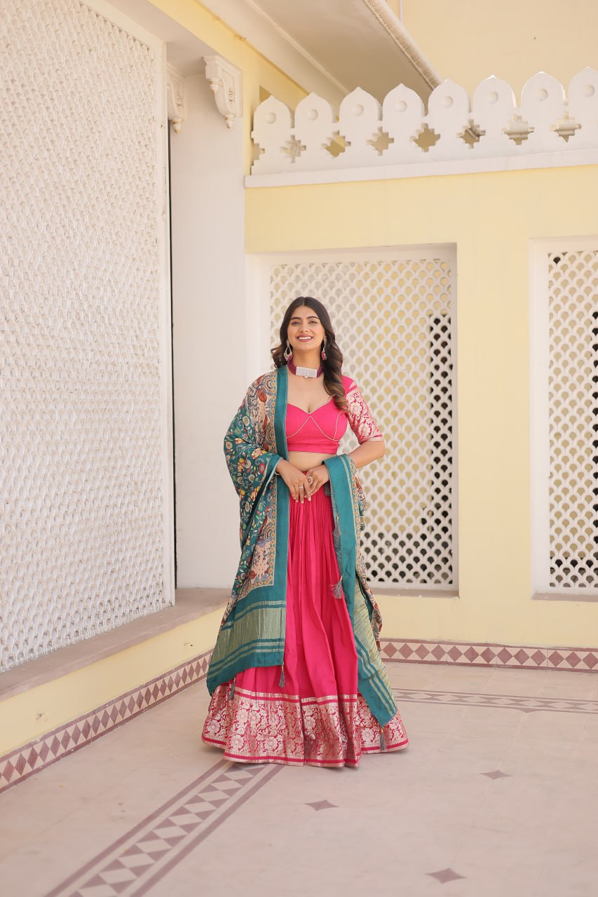 Lorenvalley Pink Viscose Jacquard Lehenga Choli with Gajji silk Dupatta | Swadesiicart