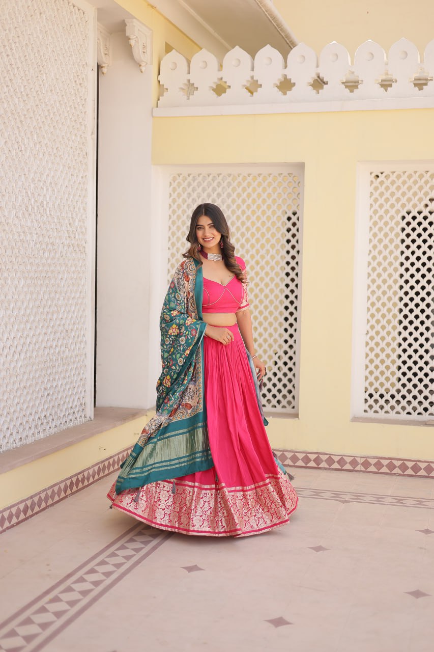 Lorenvalley Pink Viscose Jacquard Lehenga Choli with Gajji silk Dupatta | Swadesiicart