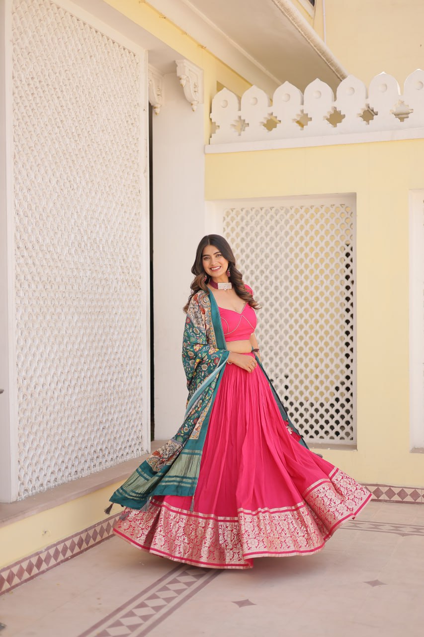 Lorenvalley Pink Viscose Jacquard Lehenga Choli with Gajji silk Dupatta | Swadesiicart
