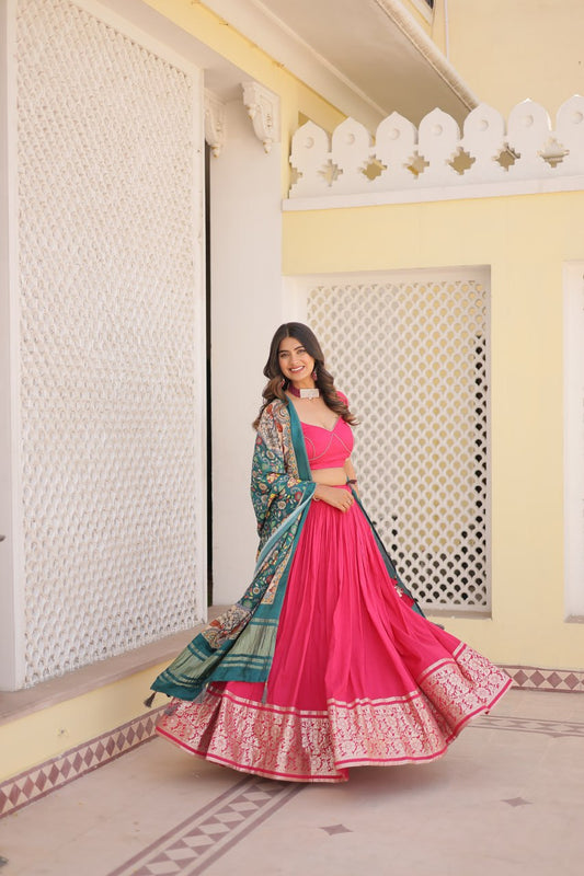 Lorenvalley Pink Viscose Jacquard Lehenga Choli with Gajji silk Dupatta | Swadesiicart