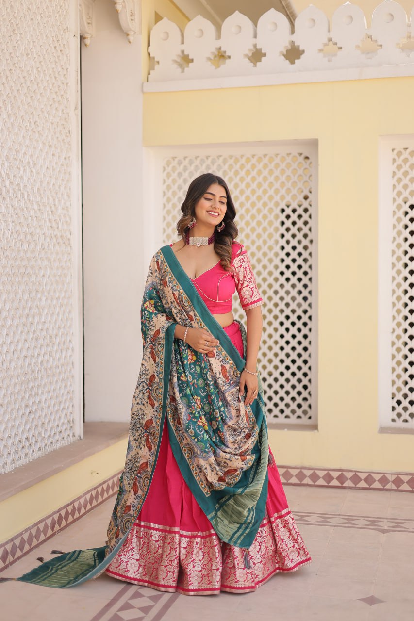 Lorenvalley Pink Viscose Jacquard Lehenga Choli with Gajji silk Dupatta | Swadesiicart