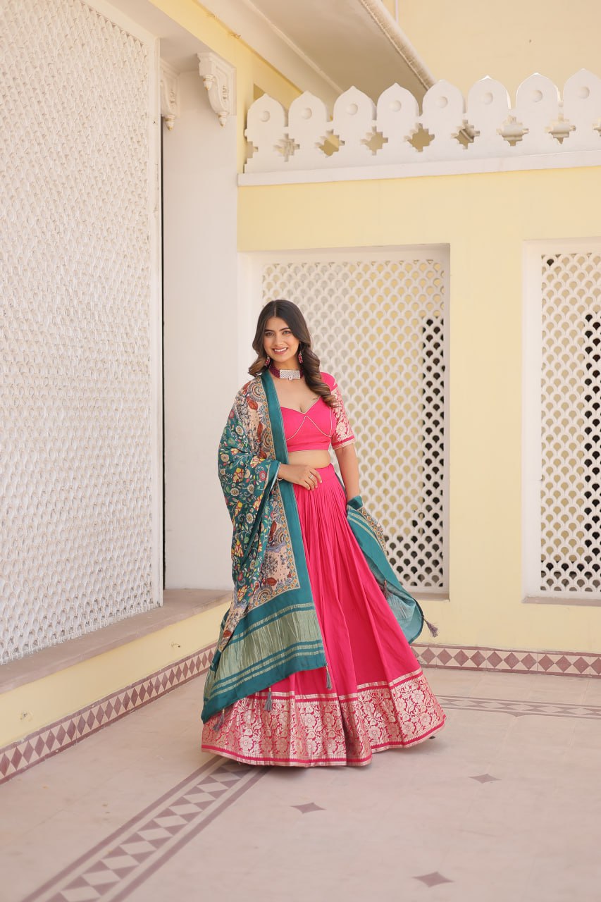 Lorenvalley Pink Viscose Jacquard Lehenga Choli with Gajji silk Dupatta | Swadesiicart