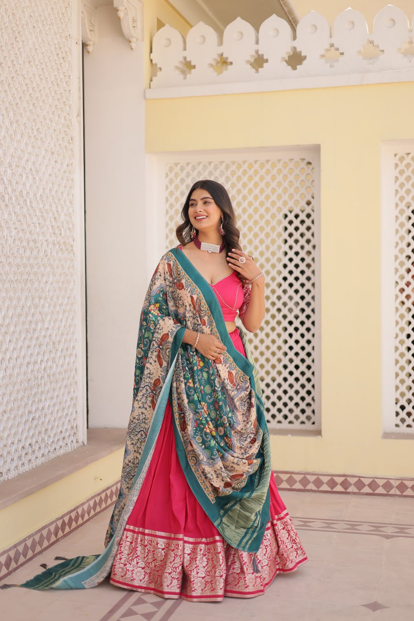 Lorenvalley Pink Viscose Jacquard Lehenga Choli with Gajji silk Dupatta | Swadesiicart