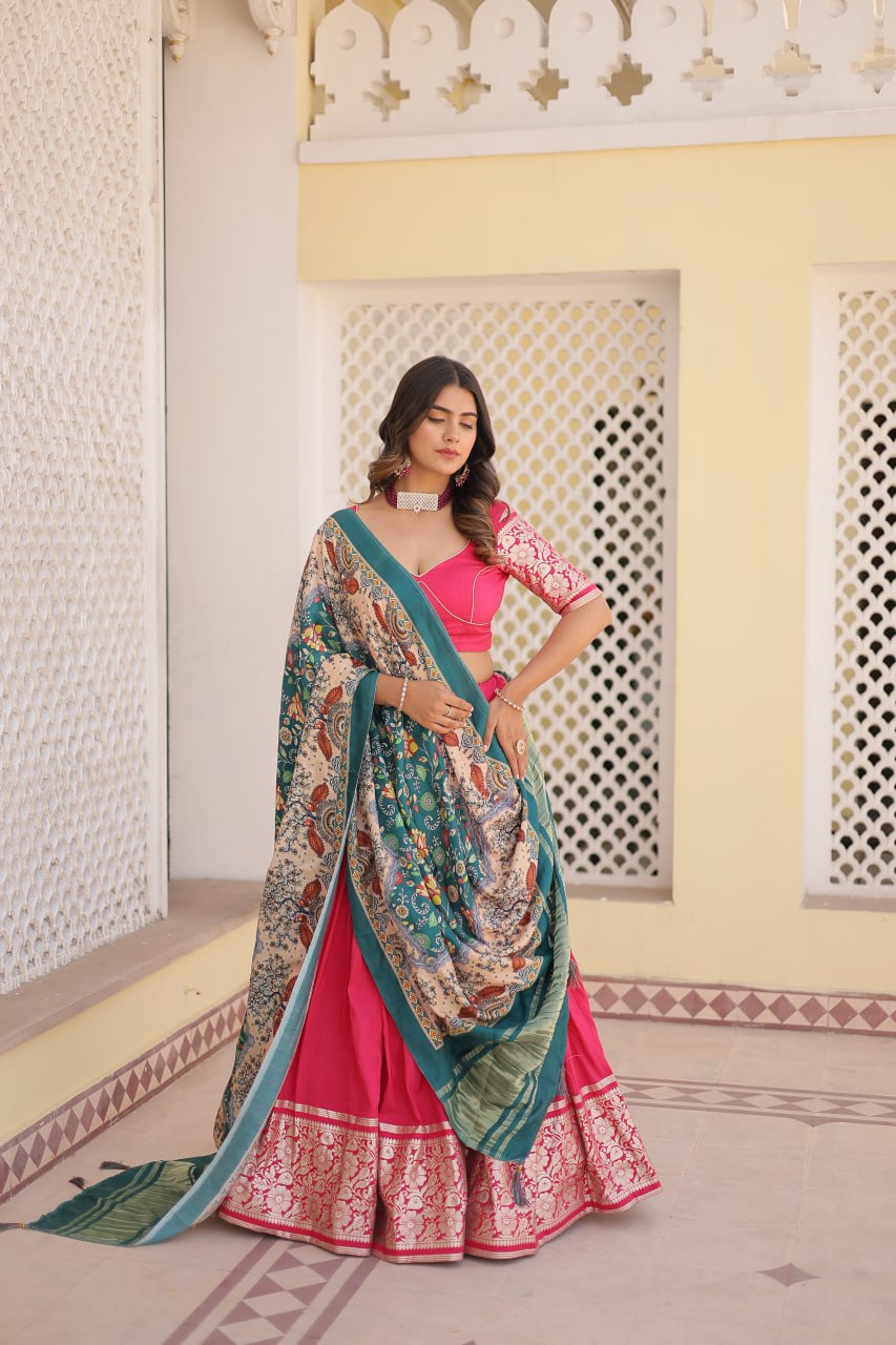Lorenvalley Pink Viscose Jacquard Lehenga Choli with Gajji silk Dupatta | Swadesiicart