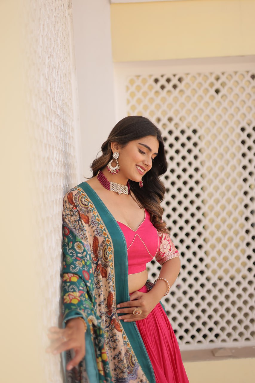 Lorenvalley Pink Viscose Jacquard Lehenga Choli with Gajji silk Dupatta | Swadesiicart