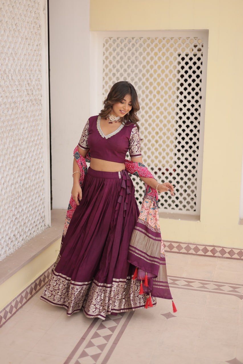 Lorenvalley Purple Viscose Jacquard Lehenga Choli with Gajji silk Dupatta | Swadesiicart