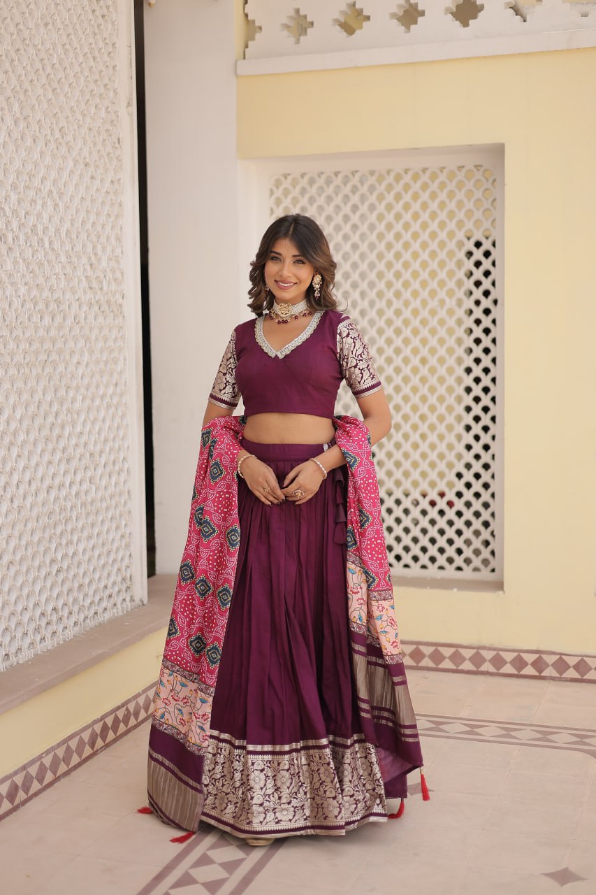 Lorenvalley Purple Viscose Jacquard Lehenga Choli with Gajji silk Dupatta | Swadesiicart