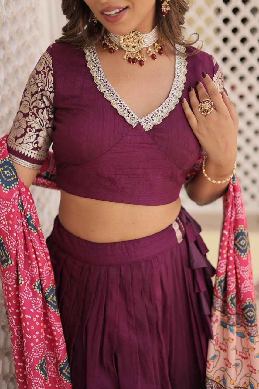 Lorenvalley Purple Viscose Jacquard Lehenga Choli with Gajji silk Dupatta | Swadesiicart
