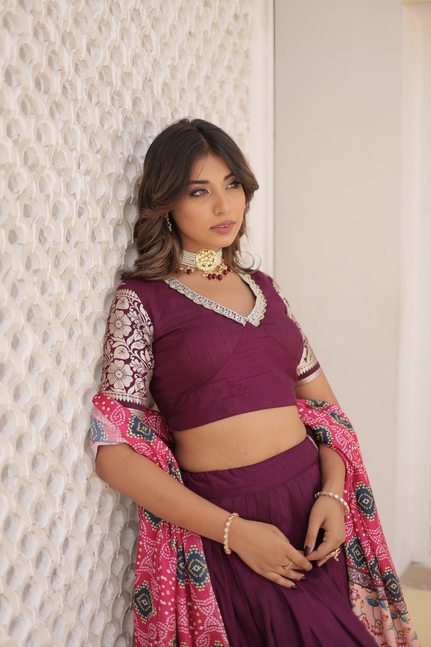 Lorenvalley Purple Viscose Jacquard Lehenga Choli with Gajji silk Dupatta | Swadesiicart