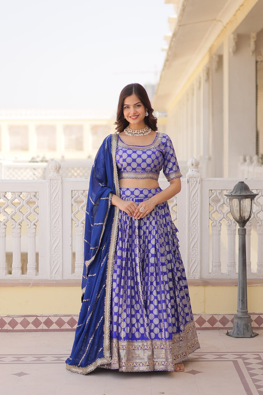Lorenvalley Blue Pure Viscose Jacquard with Embroidered Sequins work Lehenga Choli | Swadesiicart