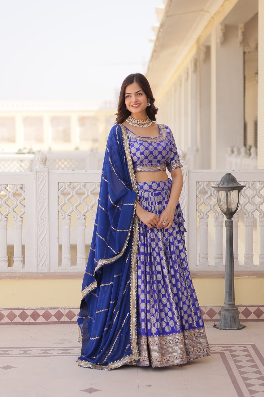 Lorenvalley Blue Pure Viscose Jacquard with Embroidered Sequins work Lehenga Choli | Swadesiicart