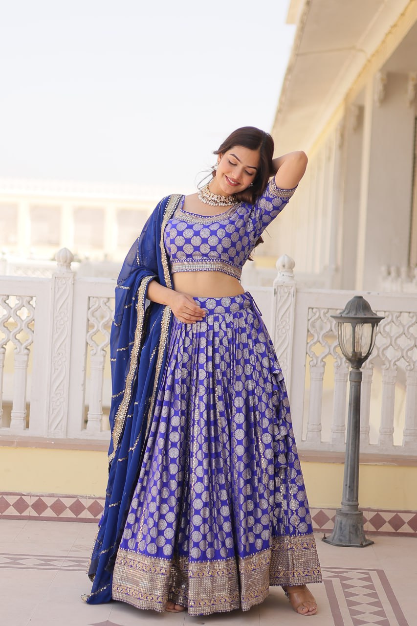 Lorenvalley Blue Pure Viscose Jacquard with Embroidered Sequins work Lehenga Choli | Swadesiicart