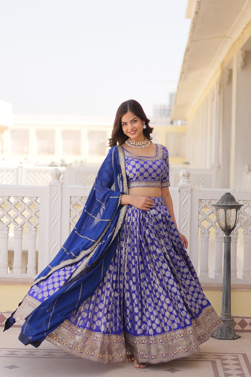 Lorenvalley Blue Pure Viscose Jacquard with Embroidered Sequins work Lehenga Choli | Swadesiicart