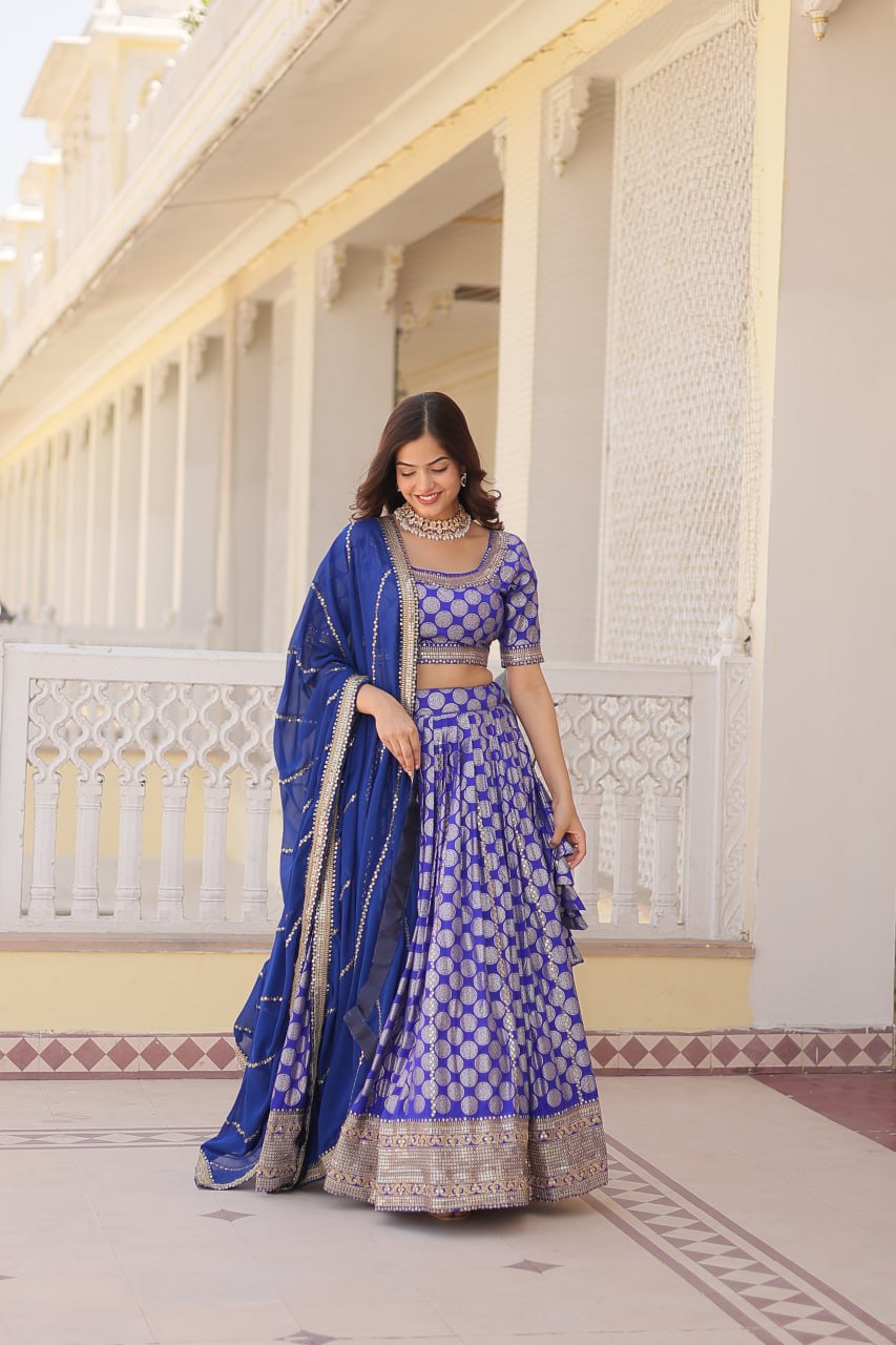 Lorenvalley Blue Pure Viscose Jacquard with Embroidered Sequins work Lehenga Choli | Swadesiicart