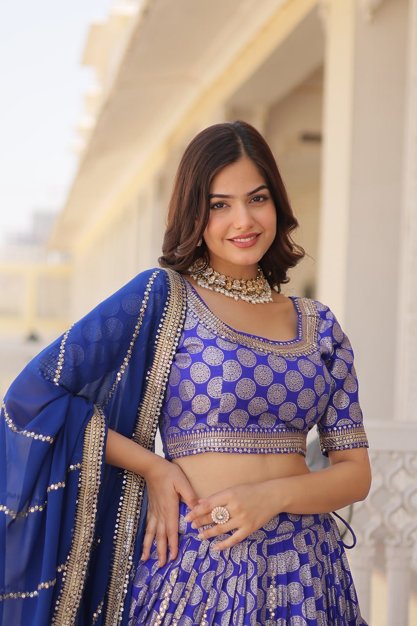Lorenvalley Blue Pure Viscose Jacquard with Embroidered Sequins work Lehenga Choli | Swadesiicart