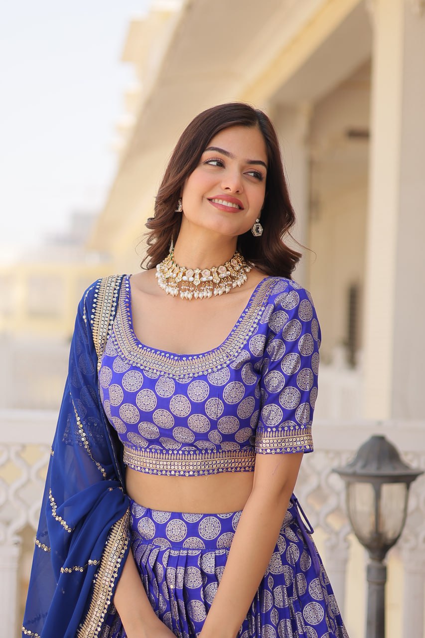 Lorenvalley Blue Pure Viscose Jacquard with Embroidered Sequins work Lehenga Choli | Swadesiicart