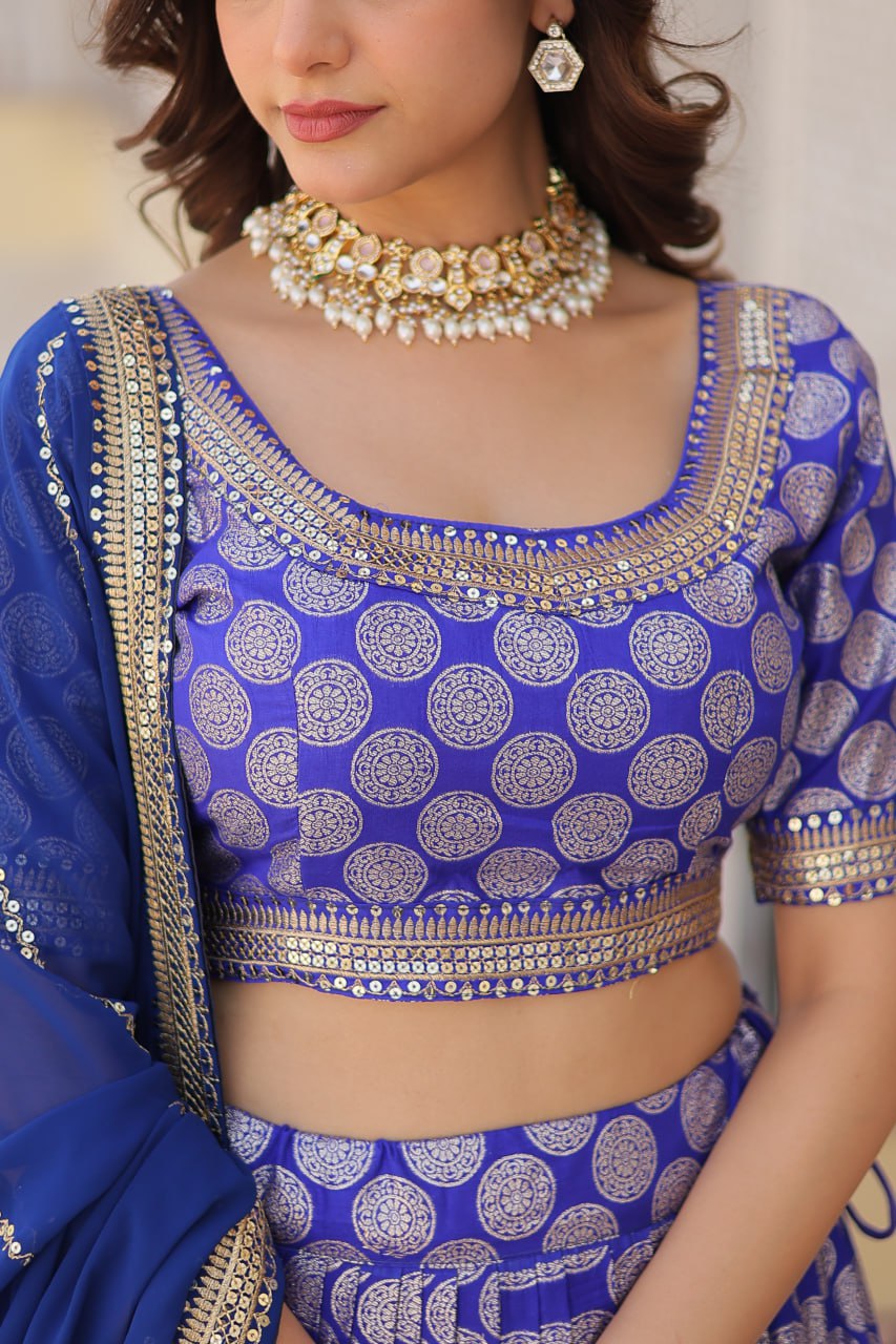 Lorenvalley Blue Pure Viscose Jacquard with Embroidered Sequins work Lehenga Choli | Swadesiicart