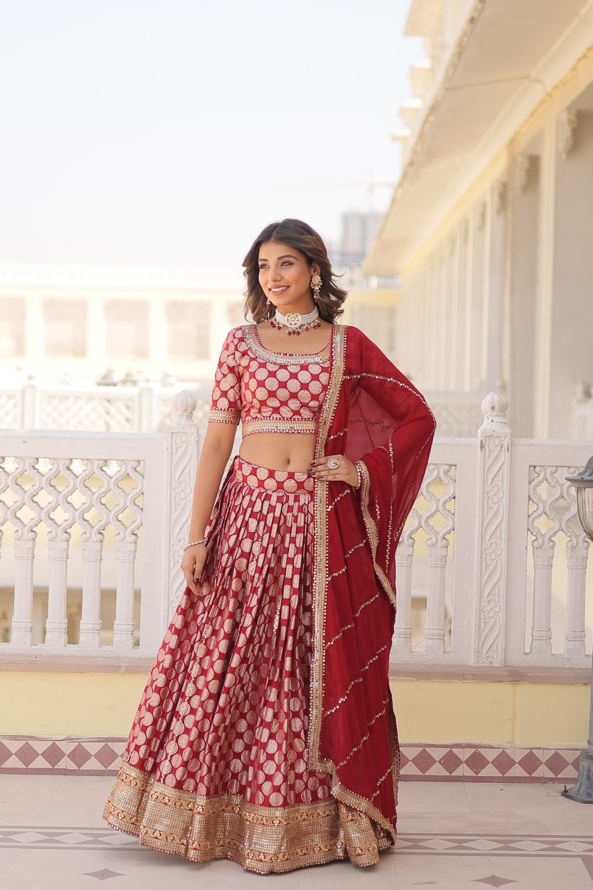 Lorenvalley Maroon Pure Viscose Jacquard with Embroidered Sequins work Lehenga Choli | Swadesiicart