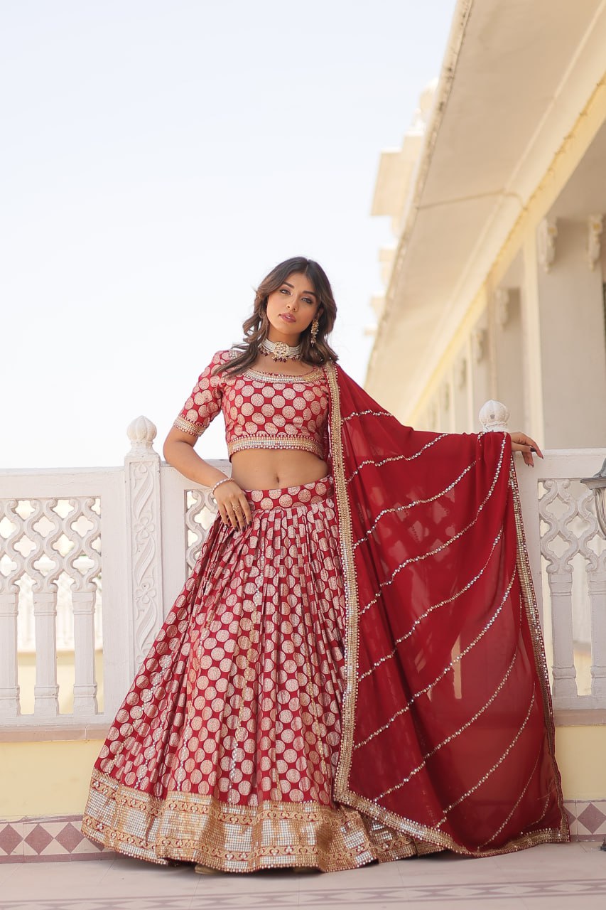 Lorenvalley Maroon Pure Viscose Jacquard with Embroidered Sequins work Lehenga Choli | Swadesiicart