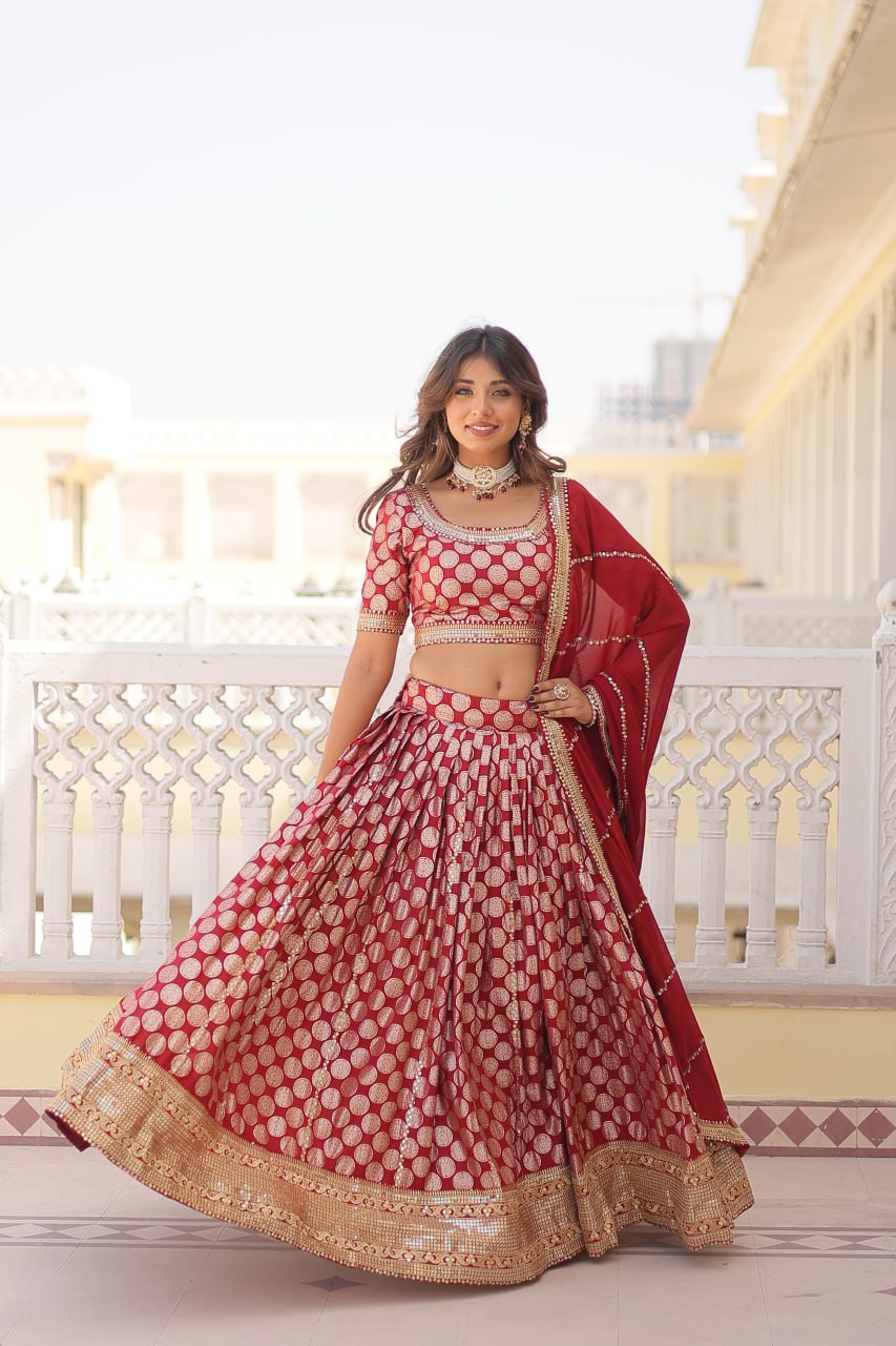 Lorenvalley Maroon Pure Viscose Jacquard with Embroidered Sequins work Lehenga Choli | Swadesiicart
