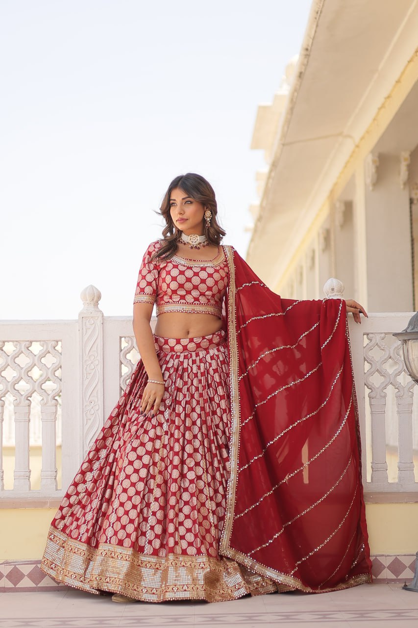 Lorenvalley Maroon Pure Viscose Jacquard with Embroidered Sequins work Lehenga Choli | Swadesiicart